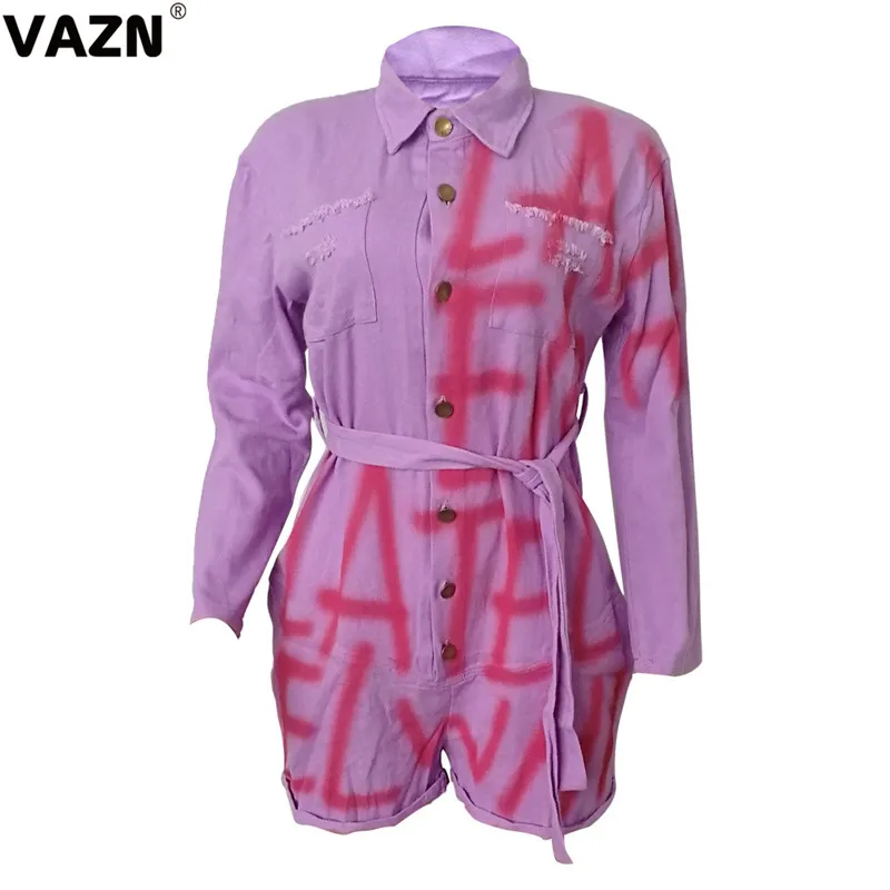 VAZN YM-8461 цветной дизайн Новые популярные сексуальные женские Мини-комбинезоны с буквенным принтом женские сексуальные мини-комбинезоны с глубоким v-образным вырезом и длинными рукавами
