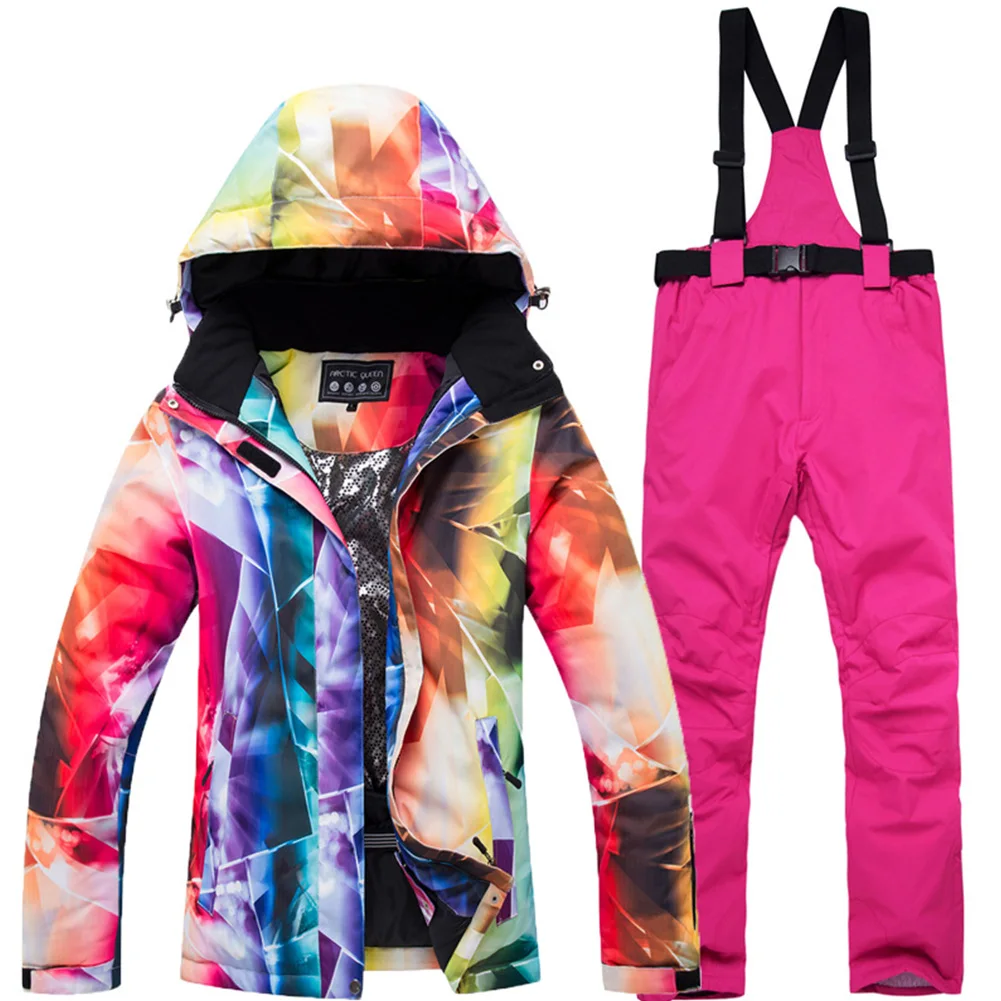 

2pcs/set Magic Sticker Waterproof Women Ski Suit Outdoor Sports Jacket Pants Ladies Thickened Female Detachable Hat Winter Warm