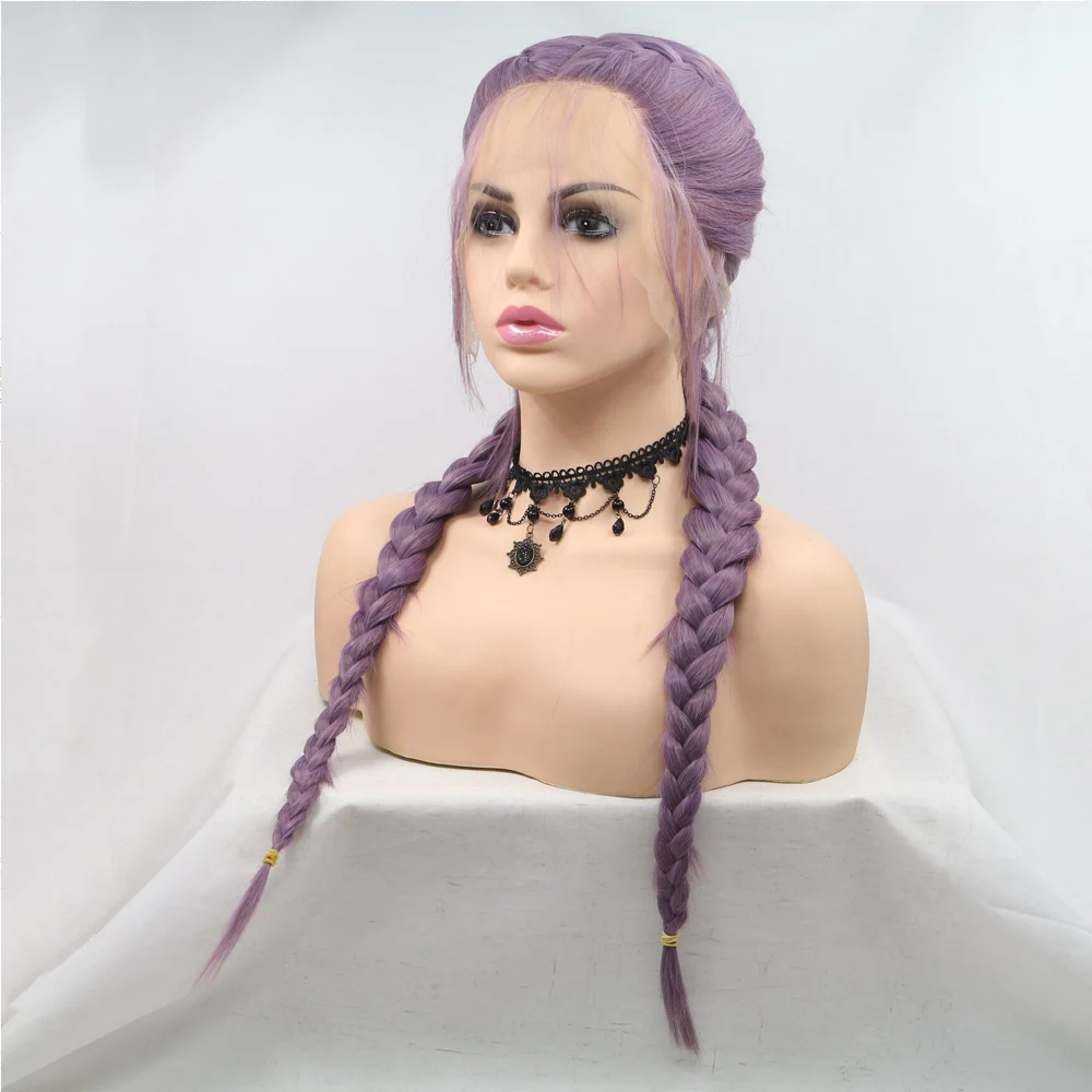 Long 24" Purple Braided Wig 2 Braids Highlight Big Braiding Synthetic Wig for Women Heat Resistant Fiber