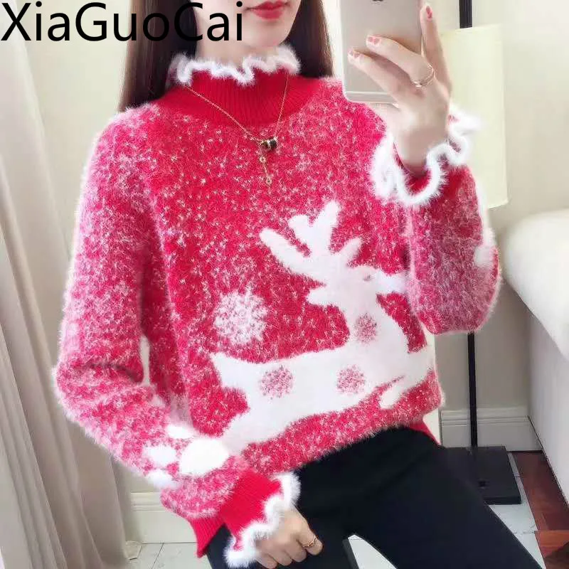 

New Autumn/winter Knit Women Christmas Sweaters Semi-turtleneck Winter Pullovers Turtleneck Female Casual Sweaters