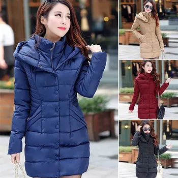 

Windproof Casual Comfortable Thickened Warm Winter Soft Solid With Pockets Adult Women Coat Hooded Long Sleeve Slim