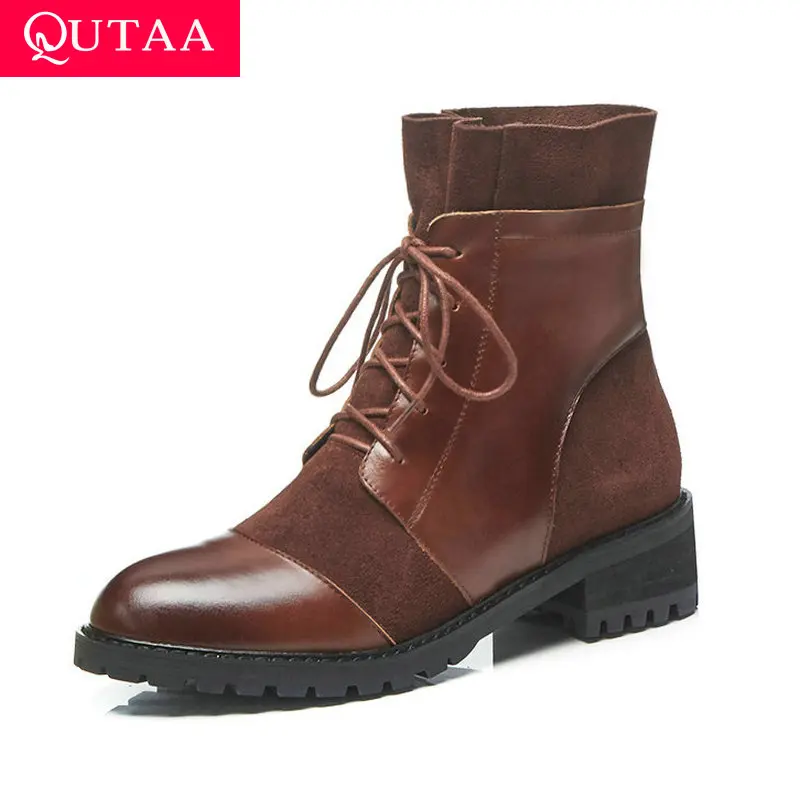 QUTAA/ г. Зимние новые осенние ботильоны на шнуровке с круглым носком элегантная женская обувь на среднем квадратном каблуке из PU искусственной кожи размер 34-39