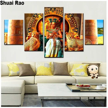 

5 pcs diamond painting"Egyptian Queen Cleopatra and leopard pictures"full square round diamond embroidery mosaic wall decor,