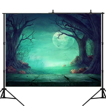 

Lyavshi Seamless Photography Backdrops Halloween Wood Floor Photo Backdrop Moon Ghost Tree Pumpkin Backgrou
