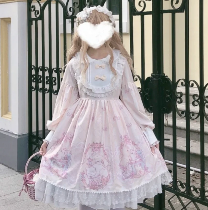 apricot Милое милое платье с высокой талией и кружевными оборками; Vestidos; платье с бантом в стиле Лолиты; платье с круглым отложным воротником; винтажное платье принцессы kawaii - Цвет: apricot