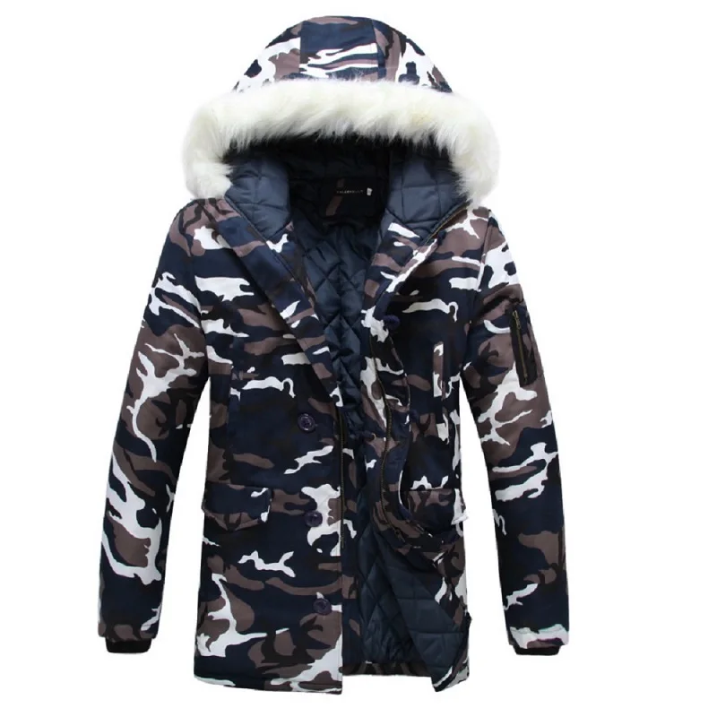 

Autumn and Winter Couples Wear Camouflage Big Fur Collar Mid-length Padded Coat Men and Women Thick Padded Coat Winter Jacket