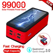 99000mAh Solar Power Bank Wireless Fast Charger Portable Charging External Battery With SOS LED Light For Xiaomi Iphone Samsung