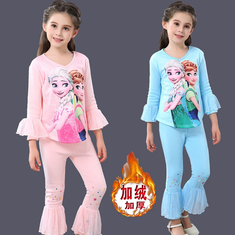 Осенне-зимний пижамный комплект с длинными рукавами для девочек; теплый хлопковый костюм с рисунком Эльзы; одежда для сна; домашняя одежда принцессы; Q432