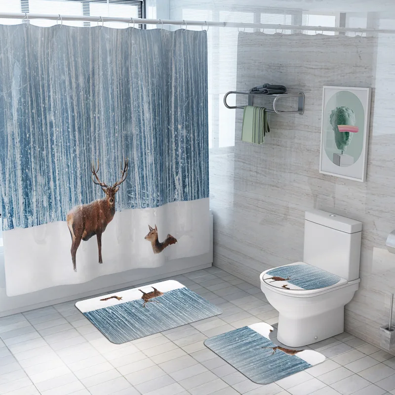 

Scenic Printed Bath Mat and Shower Curtain Set Water Absorbing Bath Rugs Home Decoration Shower Floor Mat Washable Toilet Carpet