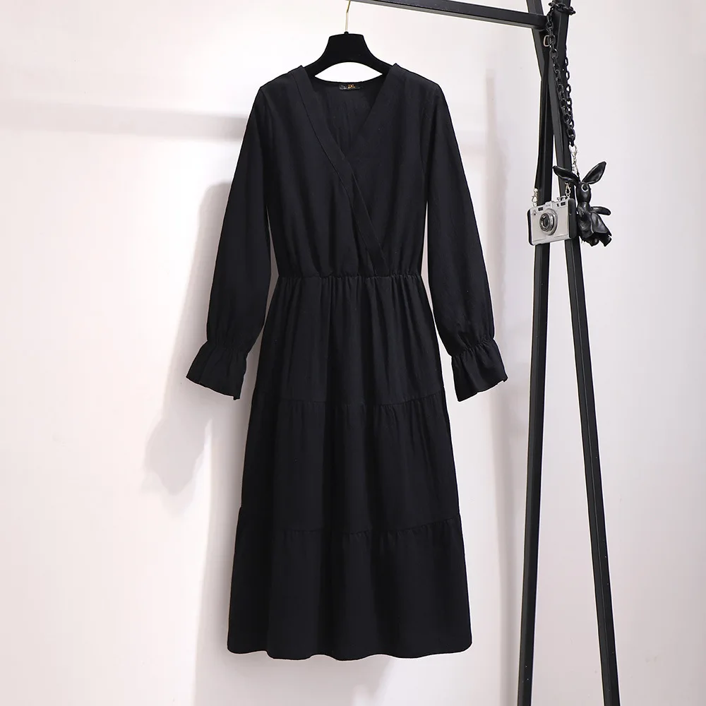 Осень зима размера плюс длинное платье для женщин большое свободное повседневное эластичное плиссированное платье с v-образным вырезом черный розовый 4XL 5XL 6XL 7XL