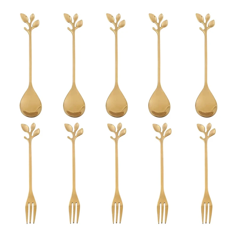 Juego de 5 cucharas + 5 tenedores de acero inoxidable para café, pastel, cuchara, tenedor, cucharas de postre, cuchara agitadora