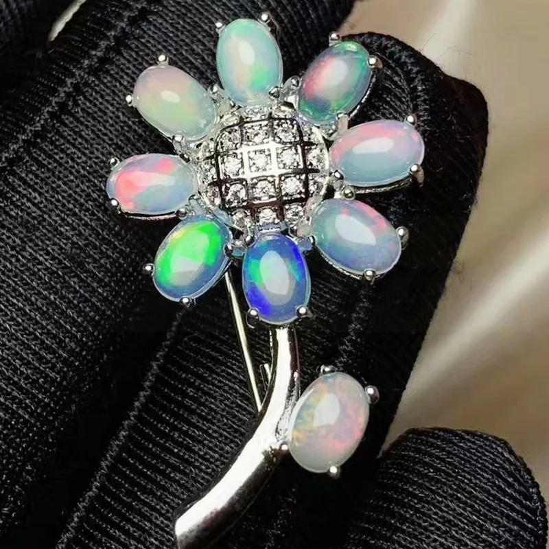 Per jewelry Natural real opal flower brooch Free shipping 925 sterling