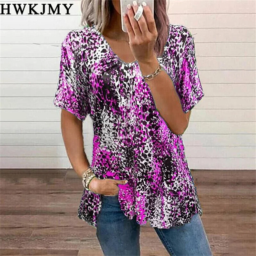 Summer Women's Clothing V-neck  Short Sleeve Tops Printed Tees Casual Loose T-shirt Plus Size Zipper Tee XS -  8XL cheap t shirts Tees