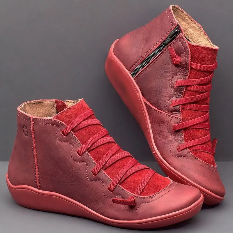 Женские ботинки г. Новая осенне-зимняя Винтажная обувь на молнии женские ботинки на шнуровке женская обувь модные ботильоны из pu искусственной кожи - Цвет: Red