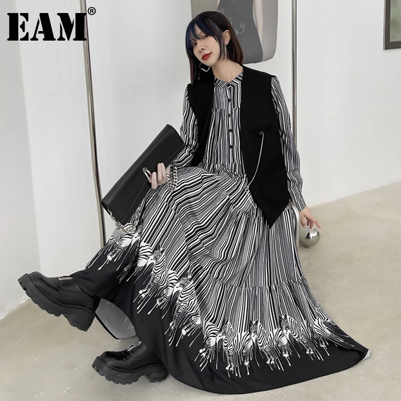 Женское платье в черную полоску [EAM] длинное большого размера с