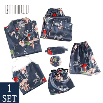 

BANNIROU Women's Home Clothes Winter 7 Piece Sets Solid Silk Homewear Soft Breathable Casual printing Sleepwear Hot Sale 2020