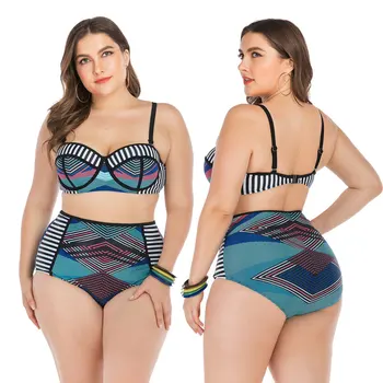 

Women's Plus Size High Waist Striped Two Piece Bikini Sets Swimsuit Retro Push Up Bathing Suit from L-4XL