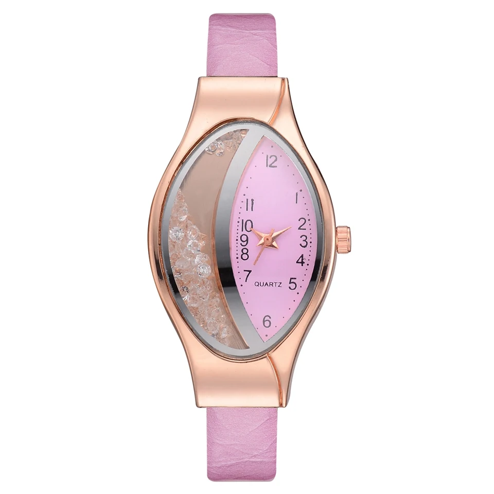 Women Fashion Luxury Watch Leather Strap Women Bracelet Clock Ellipse Rhinestone PU Sport Quartz Watch Wrist Watches For Women - Цвет: pink