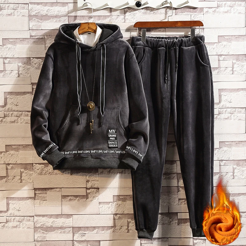

Gold Velvet Men's Tracksuits Winter Thick Mens Set Hooded Suit Men Two Piece Set Track Suit Hoodie 2 Piece Set