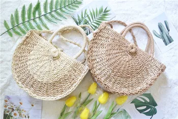 

New Summer Beach Bags Solid Weaving Bamboo Bags Wood Top-handle Flap Handbags Ladies Round Straw Bags Moon Shaped Wrapped Bags