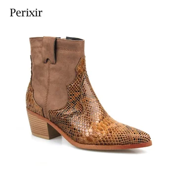 

Perixir 2020 Spring New Brand Women Ankle Boots Sexy Pointed Toe Western Cowboy Boots Women Chunky Square Heel Boots