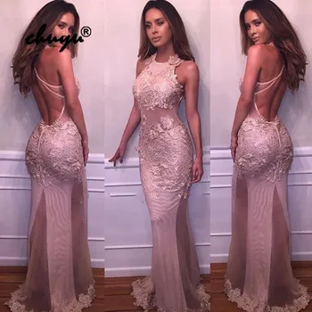 

Champagne Muslim Evening Dresses O-Neck Mermaid Backless Applique See Through Islamic Dubai Saudi Arabic Evening Gown Prom Dress