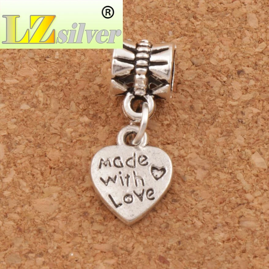 Made With Love Heart Big Hole Beads 9.8x23.5mm 100pcs Zinc Alloy Bronze Fit European Charm Bracelets Jewelry DIY B319