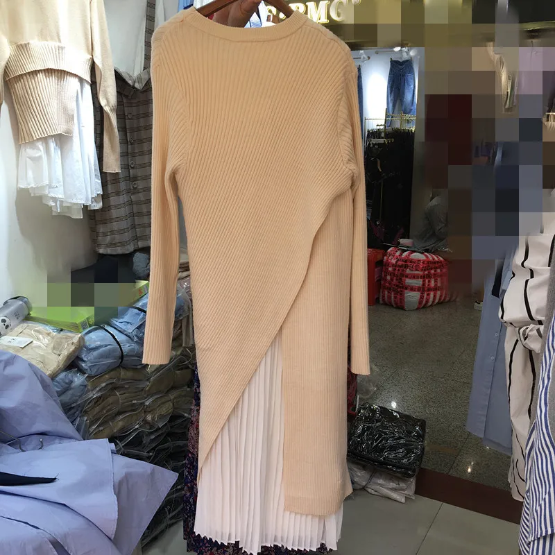 Autumn New Style Korean-style Solid Color Elegant Crew Neck Long Sleeve Irregular Sweater Pleated Dress Two-Piece Set
