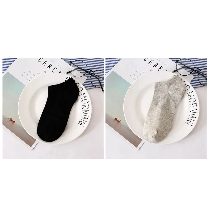 2 Pairs Invisible Color Cotton Women'S Socks Candy Color Solid Color Female Cotton Socks Shallow Mouth Socks, Black& Gray