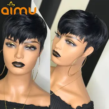 

Pixie Cut Wig Full Machine Made Wig with Bangs Glueless Short Bob Wigs for Black Women 180% Density Remy Brazilian Hair