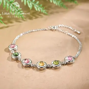 

Lotus Fun Natural Tourmaline Luxury Multicolor Round Gemstone Bracelet Real 925 Sterling Silver Jewelry Bangles for Women Gift