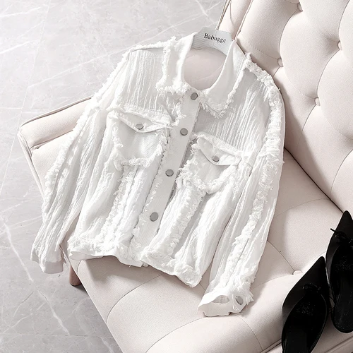 New Raw Edge Denim Stitching Shirt Women Streetwear Long Sleeve Lapel Ripped Denim Blouse Female Students Loose Oversize Blusas - Цвет: Белый