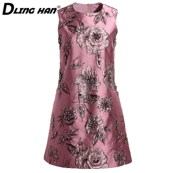 

DLINGHAN Fashion Beading Mini Dress Vintage Floral Jacquard Sleeveless Party Dresses Designer Summer New
