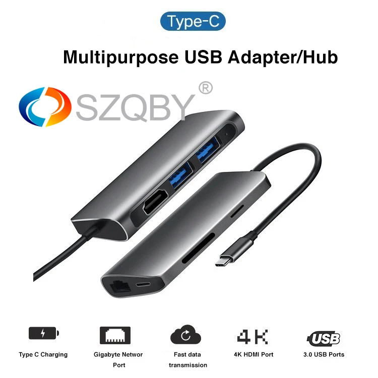 

7 in 1 TC71N TYPE-C adapter Type-C to USB 3.0 X 2 + HDMI + SD/TF Card Reader + RJ45 Silver Grey