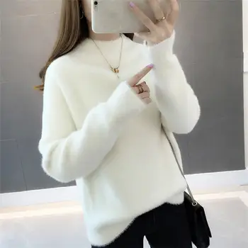 

Autumn Winter Faux Mink Cashmere Sweater Women Solid Pullover Womens Sweaters Pull Femme Loose Warm Knitted Sweater Tops C5737