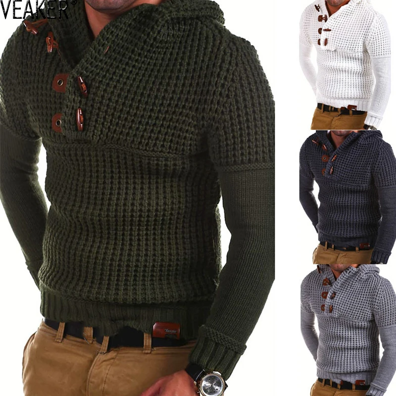 

2022 New Men's Knitted Twist Sweater Male Button Turtleneck Hooded Slim Fit Sweaters Autumn Long Sleeve Solid Color Pullovers