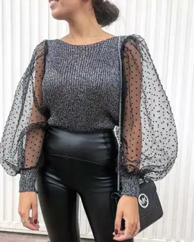 

Women Puff Sleeve Knitwear Mesh O-neck Pullover Autumn Women Polka Dot Winter Top Knitted Turtleneck Thin Elegant Sweater New