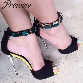 

Prowow New Black Crysal Beading Open Toe Summer Sandals Zip Back Thin HIgh Heel Sandals Shoes Women