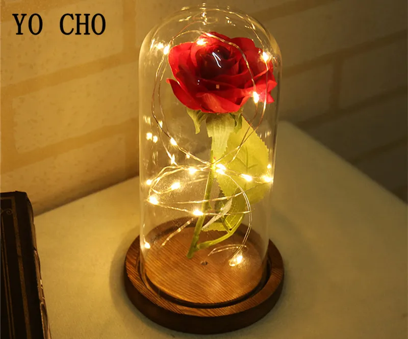 YO CHO beauty And The Beast Шелковая Красная роза в стеклянном куполе на деревянной основе для подарков Святого Валентина светодиодный лампы с розами Рождественский Декор