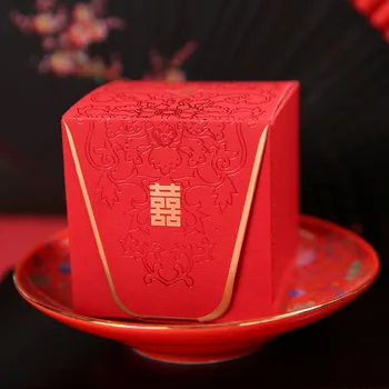 

Chinese Red Double Happiness Candy Box Kraft Paper Square Chocolate Box Wedding Party Favor Decoration
