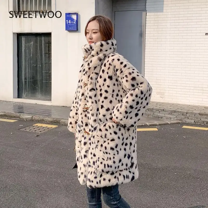 Plush Jacket Women Winter Long 2021 New Korean Version of Loose Lamb Wool Faux Fur Leopard Print Fur Coat Women Winter