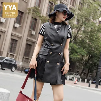 

New Women Sleeveless Dress Mesh Spliced Genuine Leather Dress Casual Outwear V-Neck Double Breasted Sheepskin Tank Dresses