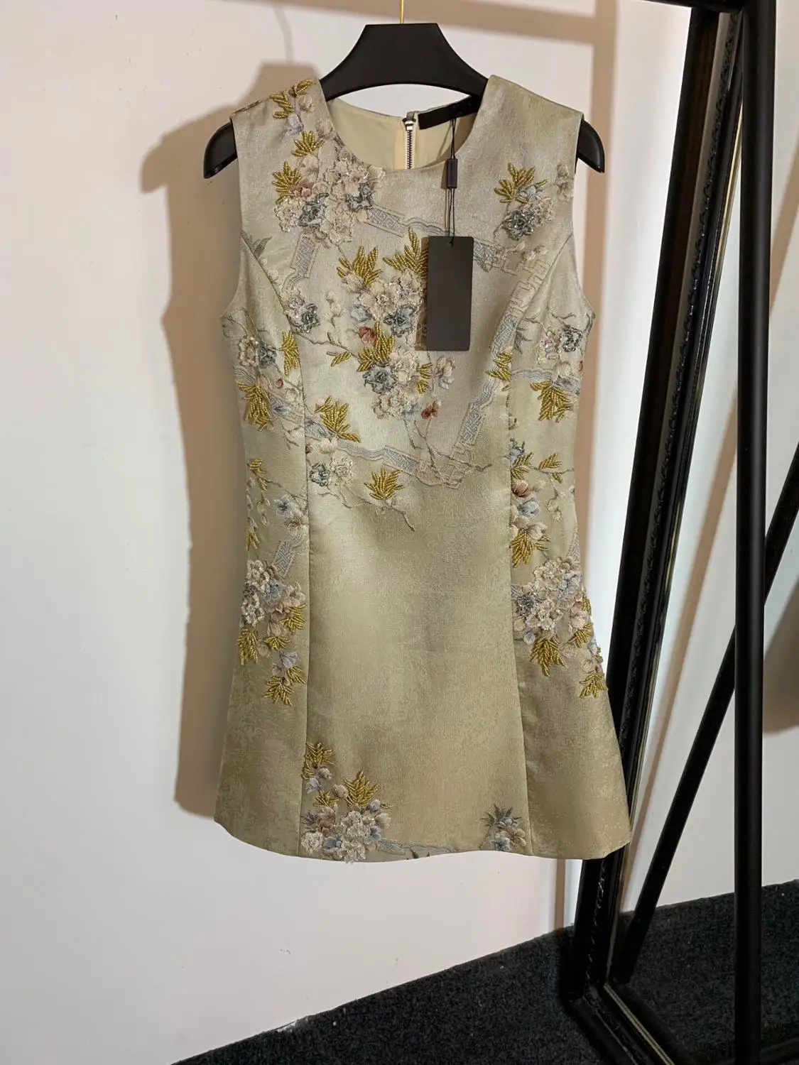 Summer Plus Size XL Dress Women Vintage Style Champagne Embroidery Dress High Quality O Neck Diamonds Sleeveless Dress - Цвет: Шампанское