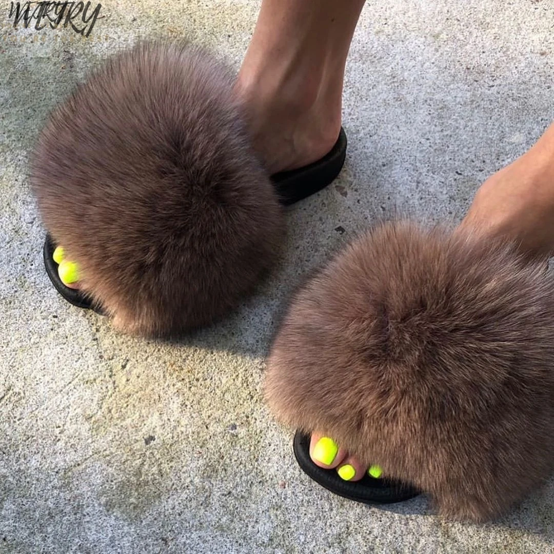 

2020 Luxury Fur Slippers Women Real Fox raccoon Fur Slides Home Furry Flat Sandals Female Cute Fluffy Wholesale