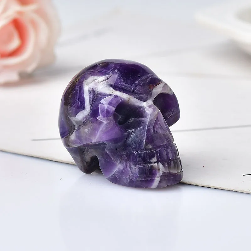 Natural Stone Skull Amethyst Skull Crystal Healing Stone Crafts Home Decoration Polished Figurine Halloween Ornaments Gift 5