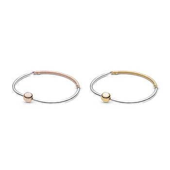 

925 Sterling Silver Bangles Diy Rose Gold Color Sanke Chain Bracelets Round Shape Buckle For Women Jewelry Size 17 19 21