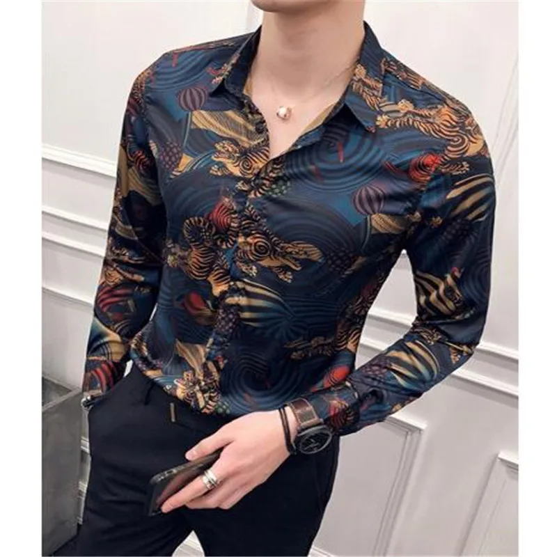 Роскошный рубашка со звериным принтом Для мужчин Slim Fit рубашка с длинными рукавами Camisa Masculina синяя Сорочка мужская, для общественных мест Для мужчин клуб нарядная рубашка