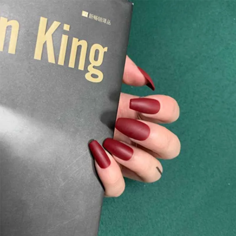 wholesales 24pcs/set fake nails with glue Wine Red Scrub Frosted Matte Long Artificial Nails Solid Color Fingernail false | Красота и