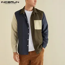 Модная Вельветовая Лоскутная Мужская рубашка с длинным рукавом, Повседневная Уличная одежда, шикарные мужские брендовые рубашки с карманами, Camisas Hombre