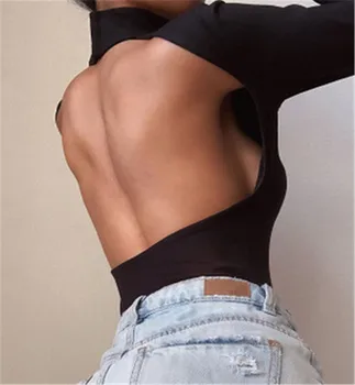 

New Women Sexy Solid Long Sleeve Bodysuit Jumpsuit Backless Open Back Waist Stand Collar Bodysuit Hot Ladies Black Top 2019